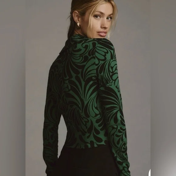 Anthropologie Maeve Green and Black Printed Long Sleeve Top - Picture 3 of 6